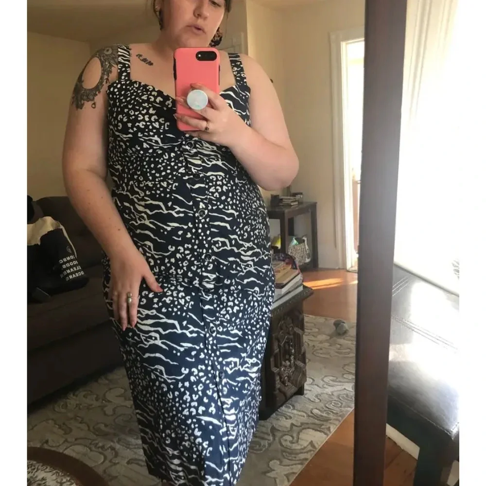 Tanya Taylor Blue Tropical Midi Dress SIZE 22 Linen Sundress Designer $500